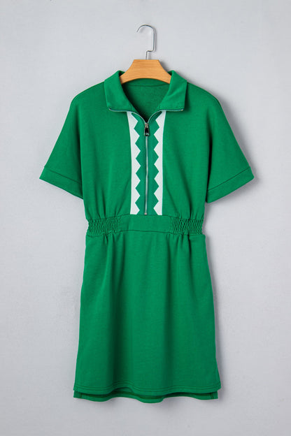 Geometric Patchwork Half-Zip Elastic Waist Dress