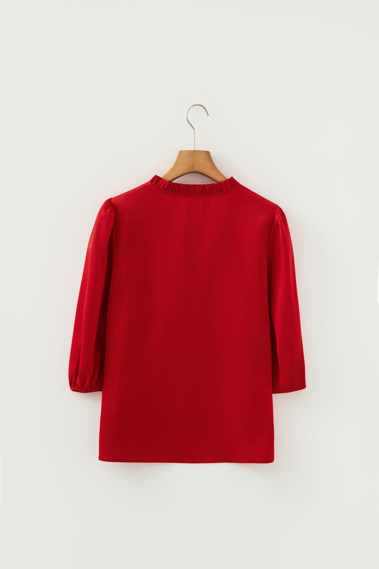 Solid Frilled Bow Tie V-Neck 3/4 Sleeve Blouse