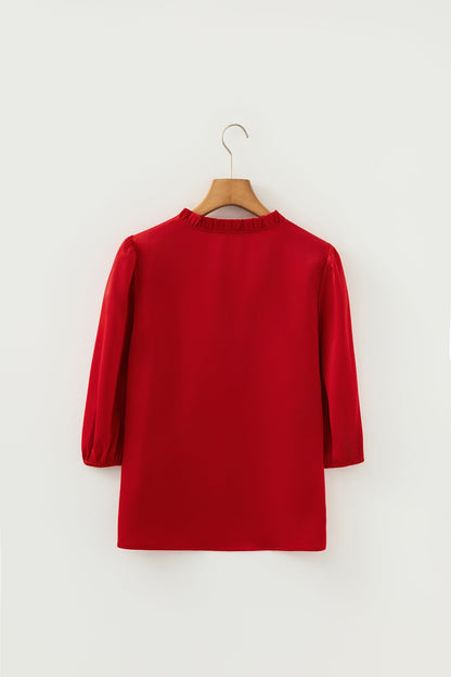 Solid Frilled Bow Tie V-Neck 3/4 Sleeve Blouse
