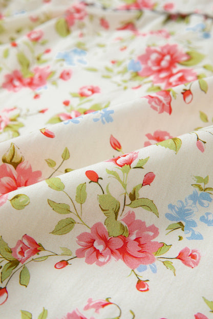 Floral Stripe Trim 3/4 Puff Sleeve Dress