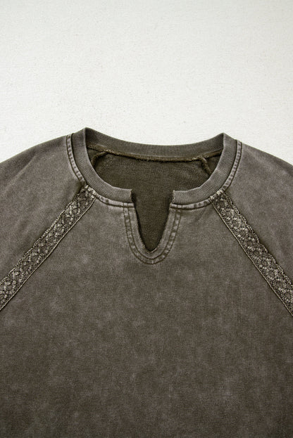 Lace Patchwork Mineral Wash Notched Neck Sweatshirt