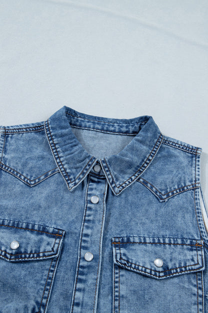 Denim Button Front Collared Sleeveless Vest