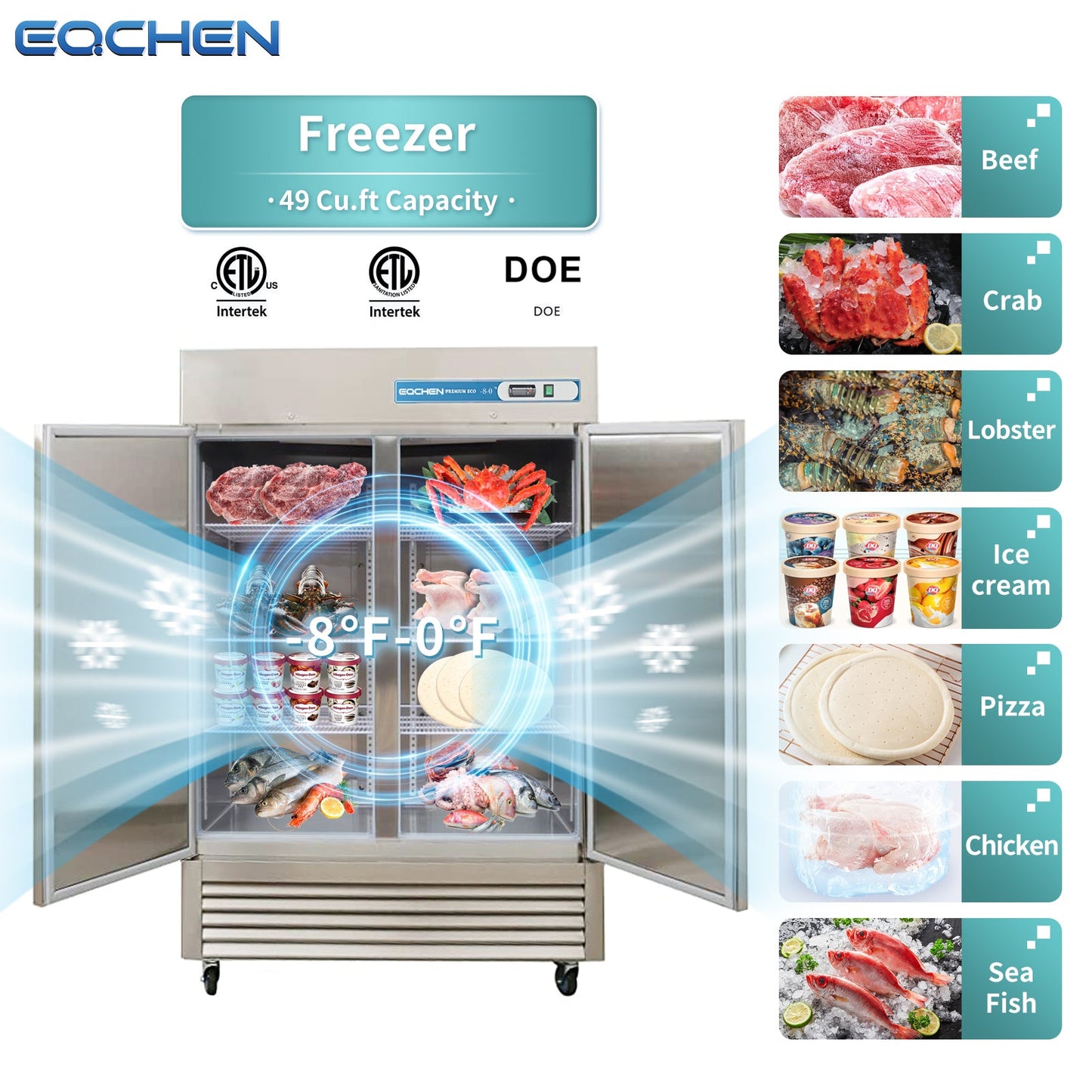 Commercial Reach in Freezer, 2 Door 49 Cu.ft Stainless Steel Commercial Reach in Solid Door Upright Fan Cooling Freezer