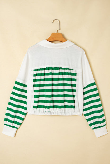 Stripe Colorblock Collared V-Neck Cropped Top