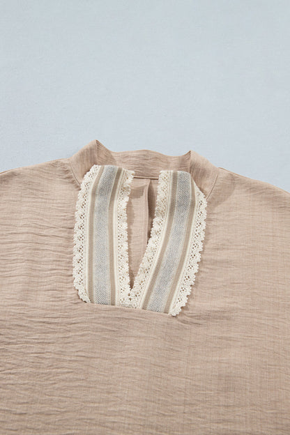 Crochet Lace Trim Rolled Short Sleeve Blouse