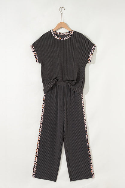 Leopard Patchwork Corded Knit Top & Crop Pants Set