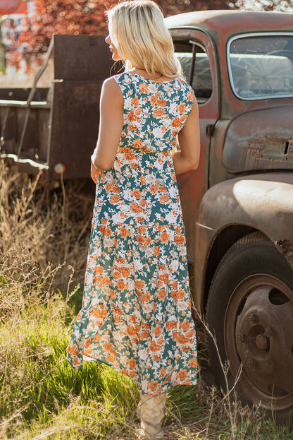 Floral Buttoned V-Neck Tie Waist Maxi Dress