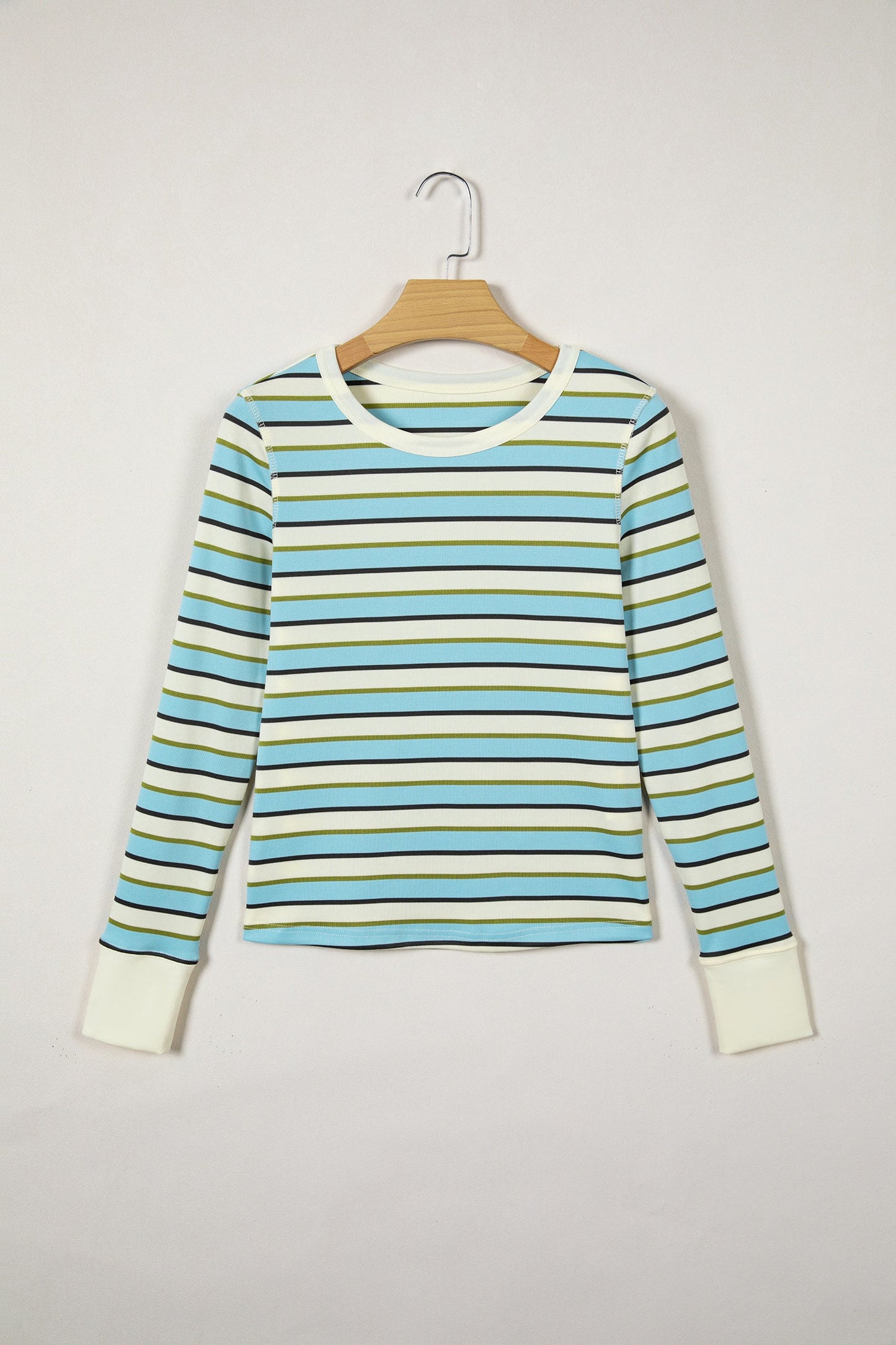 Stripe Round Neck Ribbed Knit Long Sleeve Top