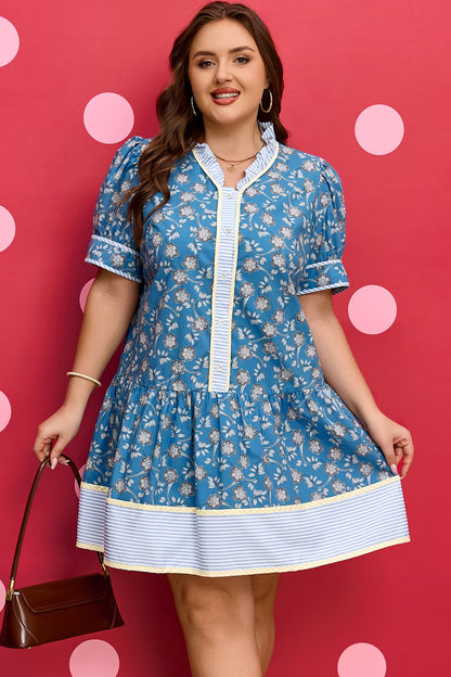 Plus Size Floral Stripe Patchwork Ruffle Dress