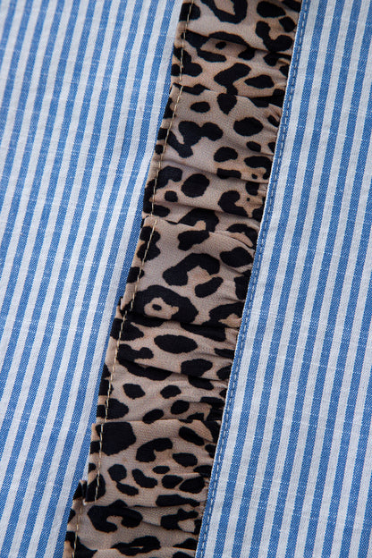 Stripe Leopard Ruffle Long Sleeve Buttoned Shirt