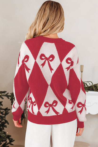Bow Colorblock Rhombus Drop Shoulder Sweater