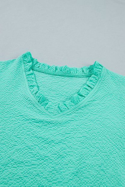 Flower Embroidered Puff Sleeve Frilled V-Neck Blouse