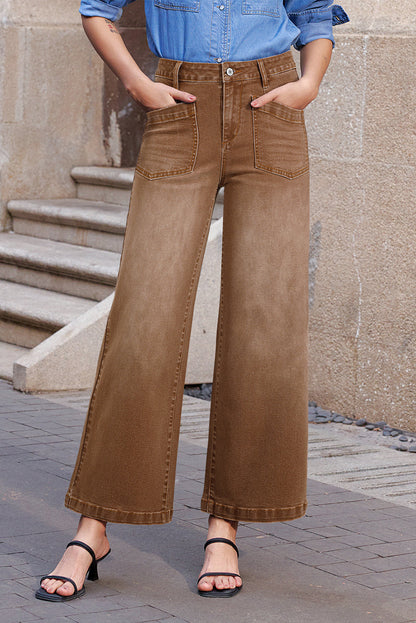 Denim High Waist Patch Pocket Straight Leg Jeans
