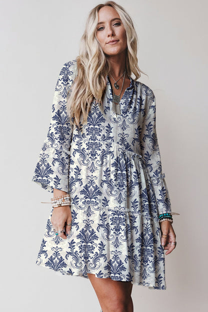 Boho Floral Lettuce Trim 3/4 Sleeve Mini Dress