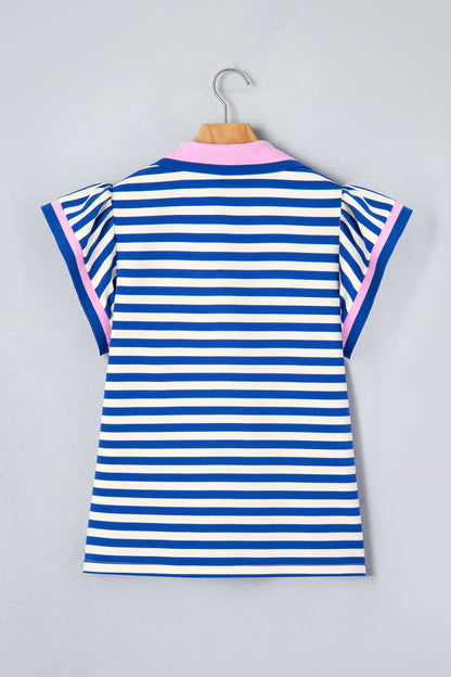 Stripe Contrast Trim Polo Collar Ruffle Sleeve Blouse