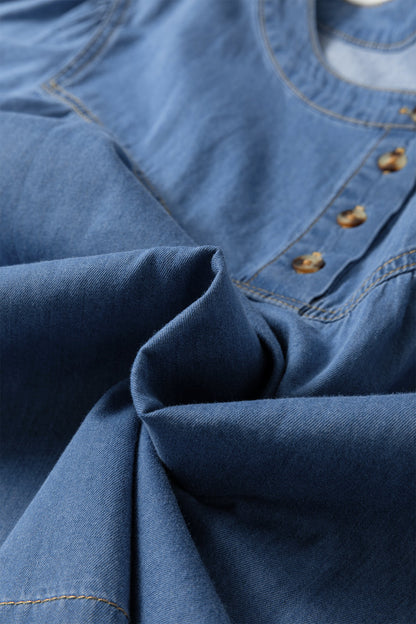 Denim Pleated Half Buttoned Short Sleeve Top