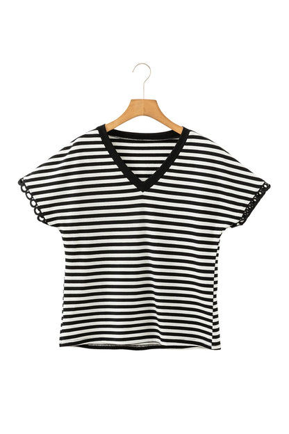 Stripe V-Neck Lace Trim Short Sleeve Tee