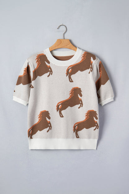 Western Horse Short Puff Sleeve Sweater