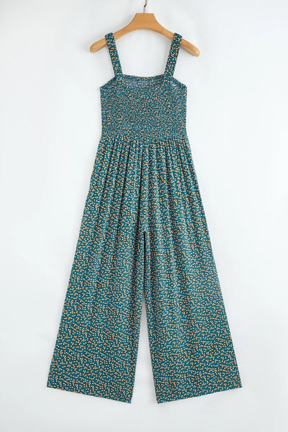 Floral Smocked High Waist Square Neck Jumpsuit