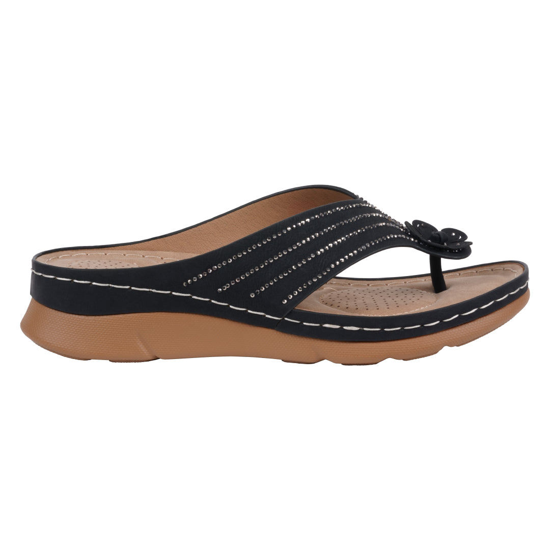 Women's Amari Black Flower Thong Flat Comfort Sandals