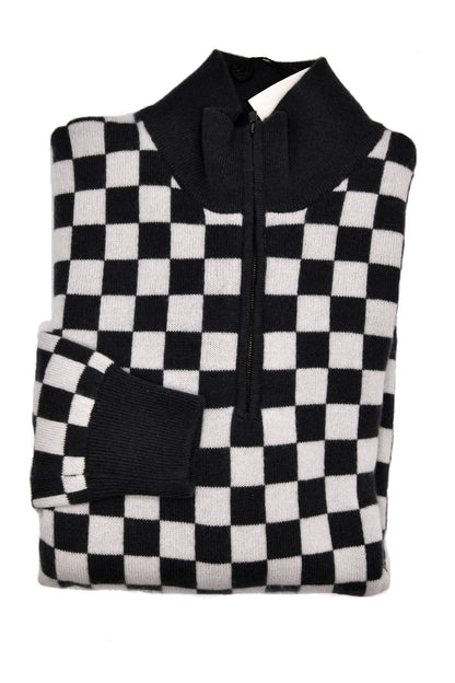 Manrico Cashmere Checkered Turtleneck Quarter Zip Sweater