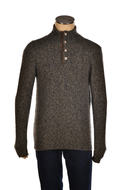 Fedeli Wool-Cashmere Marled Turtleneck Knit Quarter Button Up Sweater
