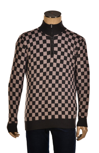 Manrico Cashmere Checkered Turtleneck Quarter Zip Sweater