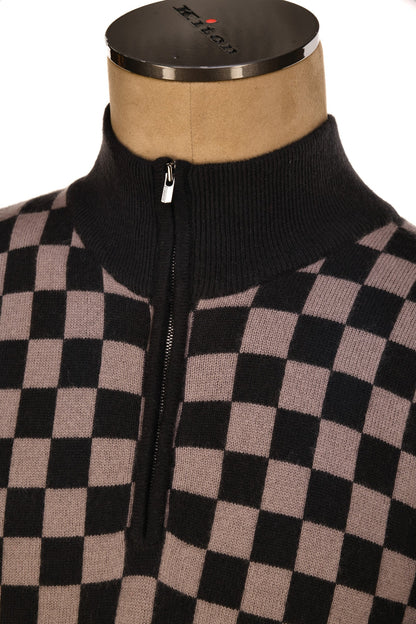 Manrico Cashmere Checkered Turtleneck Quarter Zip Sweater