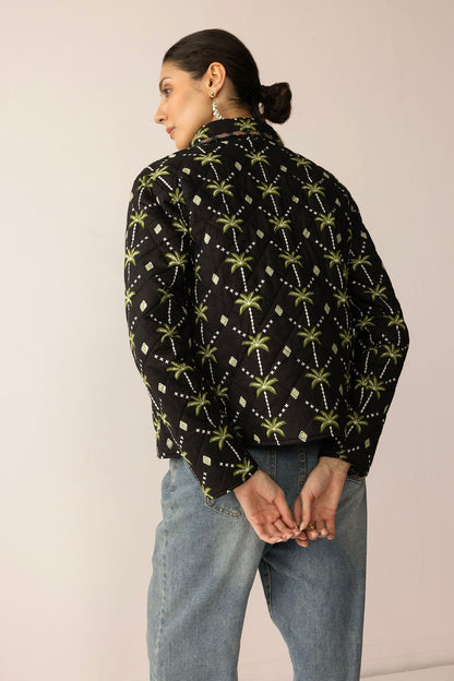Everglade Dreams Cotton Jacket in Midnight Black & Green
