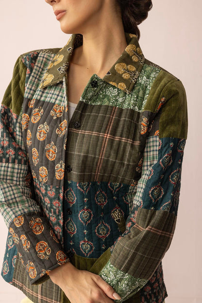 Meadow Folk Quilted Jacket with Patchwork in Dusty Green
