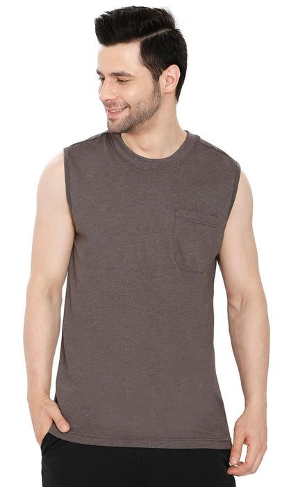 Men’s Sleeveless Crew Neck T-Shirt – Regular Fit, Heavier Cotton Blend Jersey with Chest Pocket