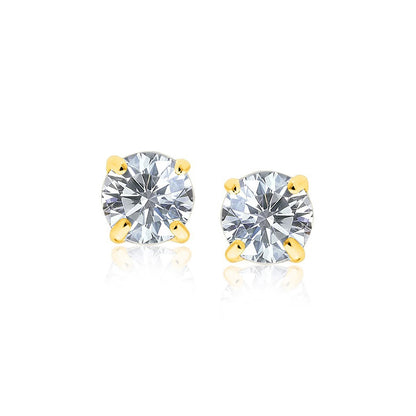 14k Yellow Gold Stud Earrings with White Hue Faceted Cubic Zirconia(7mm)
