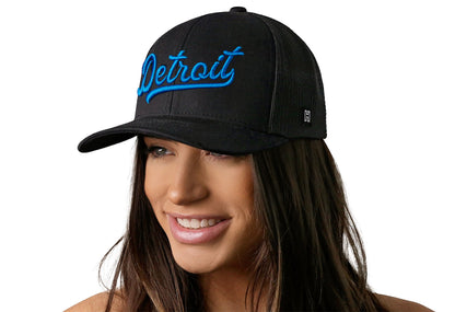 Detroit Blue Script Trucker Hat  |  Black Michigan Snapback