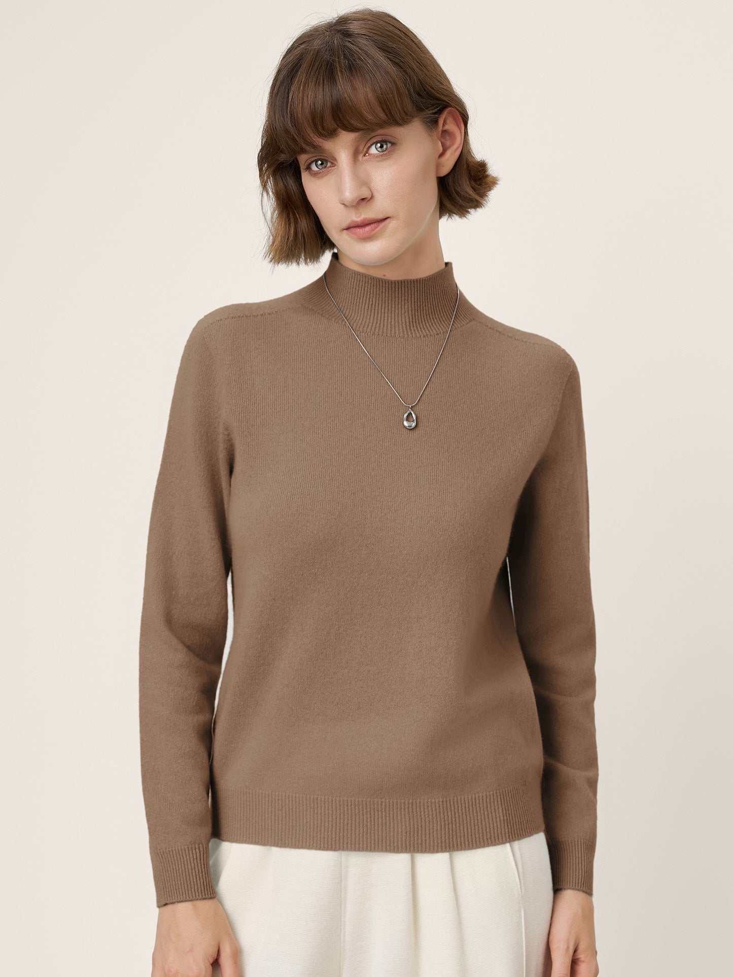 Premium Cashmere Blend Hand-Finished Seamless Mock Neck Ribbed Sweater RHEA