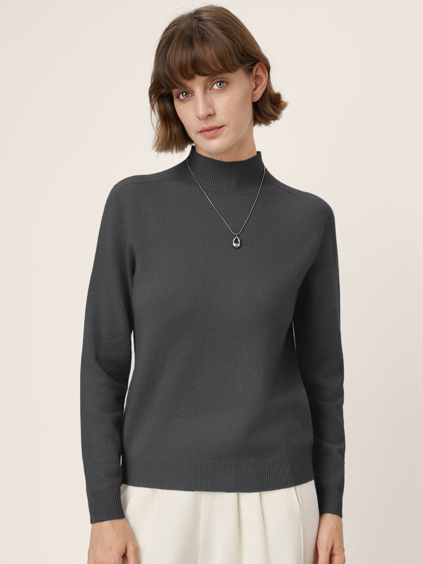 Premium Cashmere Blend Hand-Finished Seamless Mock Neck Ribbed Sweater RHEA