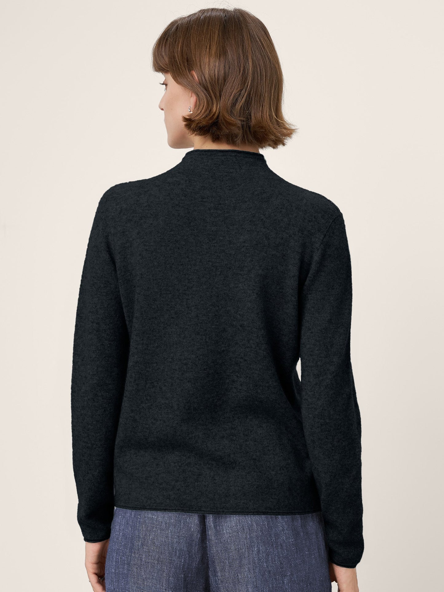 Premium Cashmere Blend Hand-Finished Seamless Mock Neck Lettuce Edge Sweater ZELIE