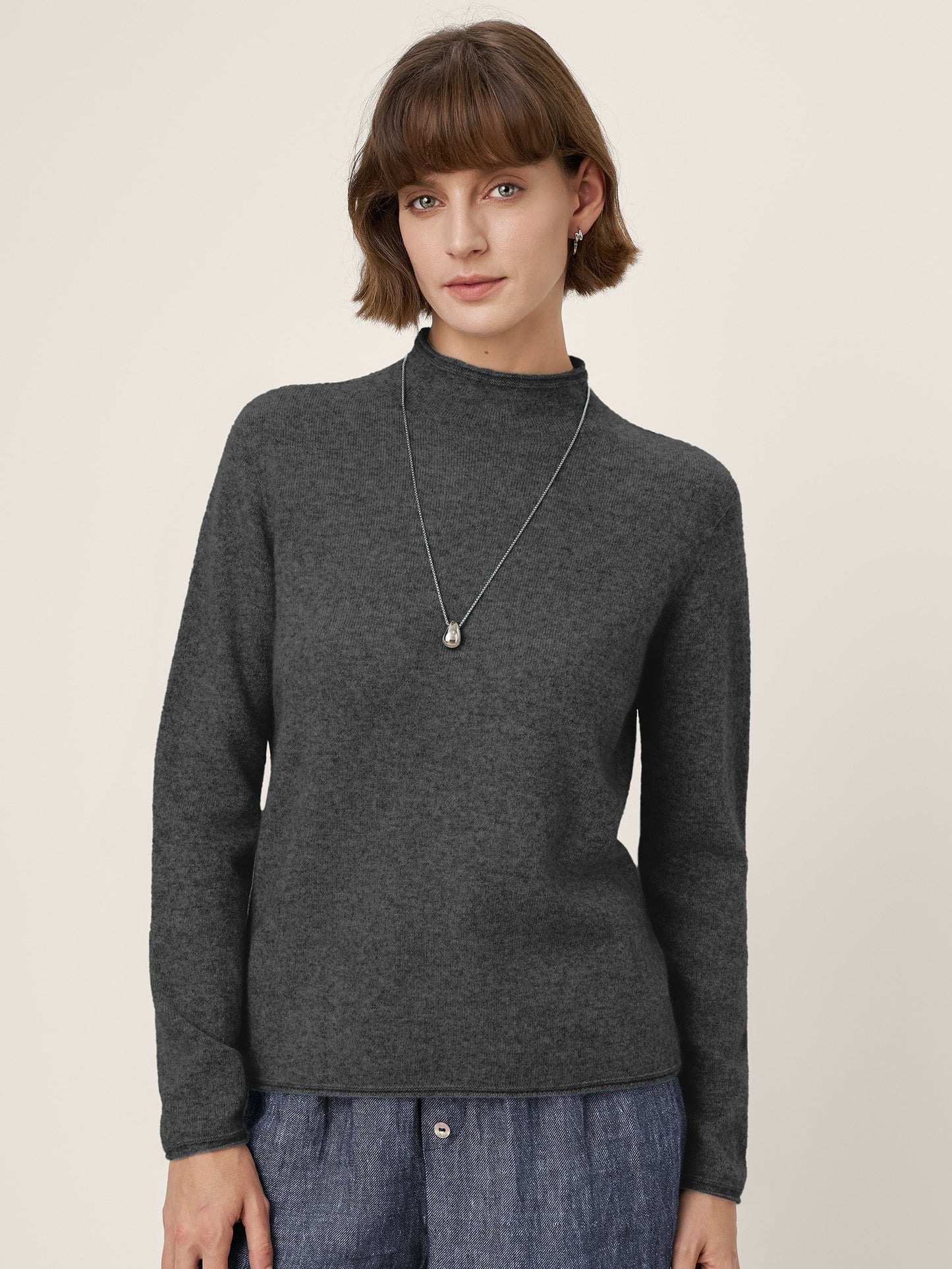 Premium Cashmere Blend Hand-Finished Seamless Mock Neck Lettuce Edge Sweater ZELIE