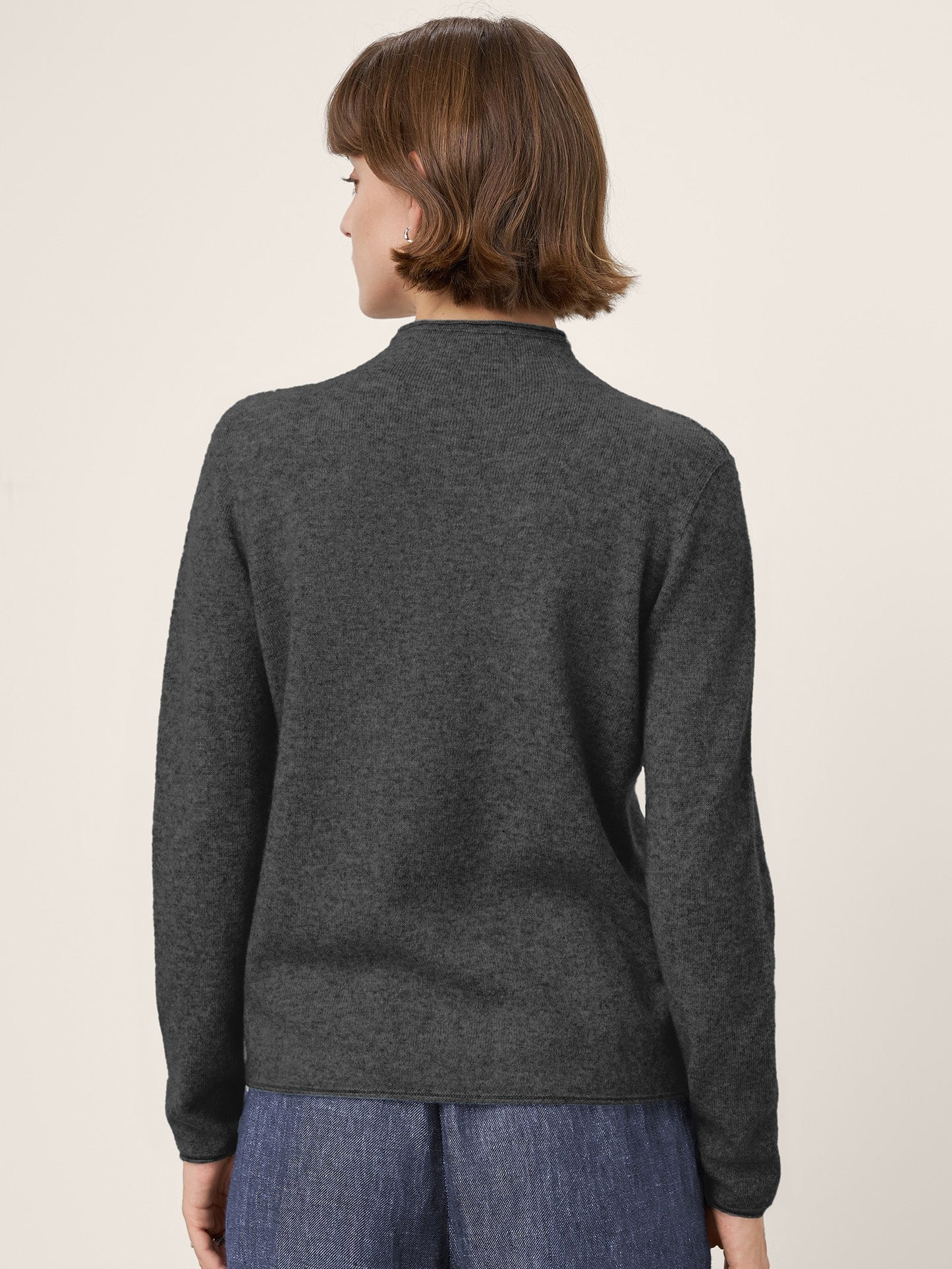 Premium Cashmere Blend Hand-Finished Seamless Mock Neck Lettuce Edge Sweater ZELIE