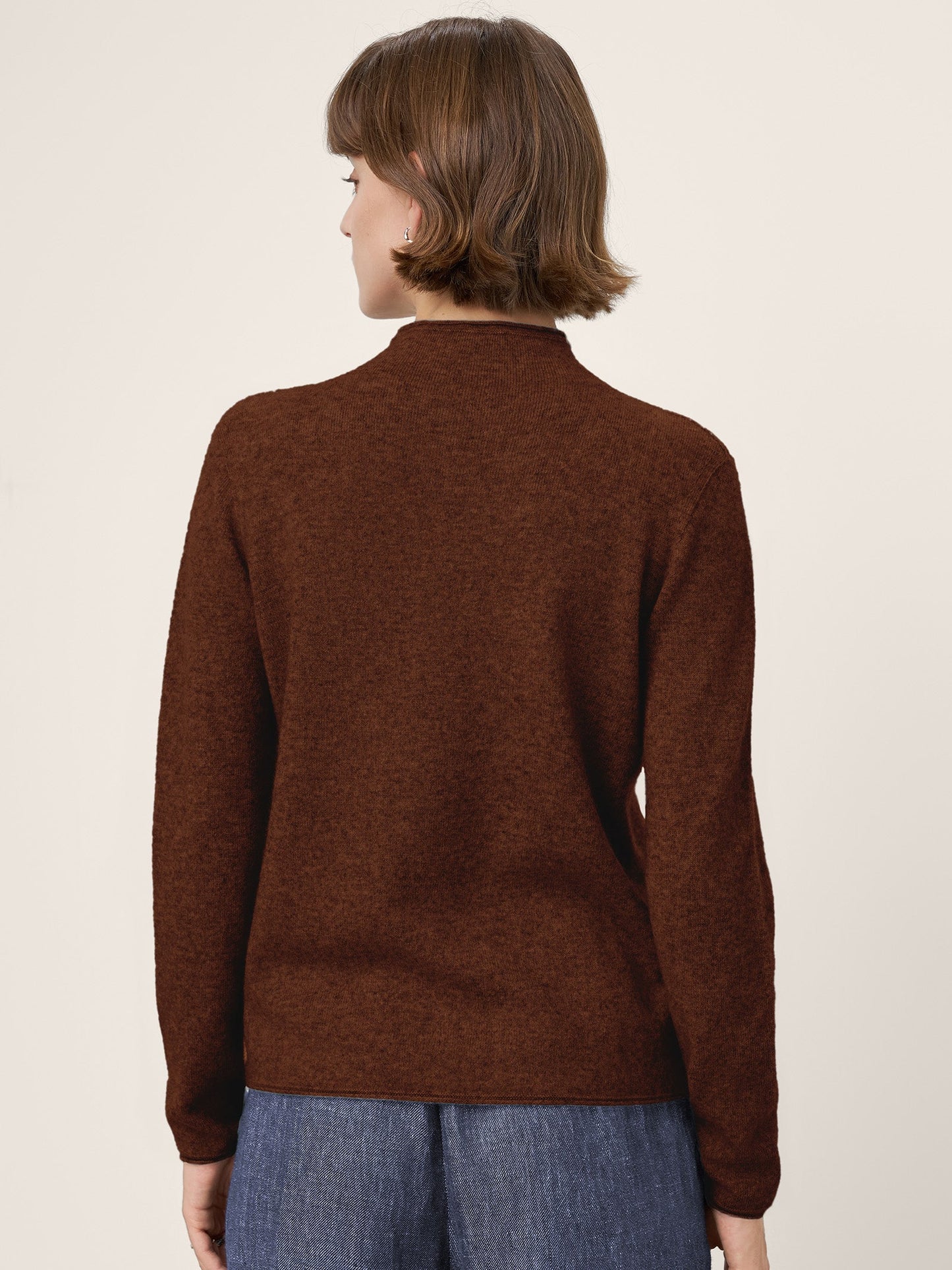 Premium Cashmere Blend Hand-Finished Seamless Mock Neck Lettuce Edge Sweater ZELIE