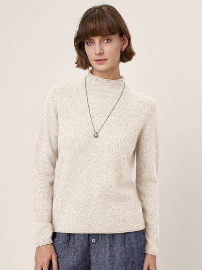 Premium Cashmere Blend Hand-Finished Seamless Mock Neck Lettuce Edge Sweater ZELIE