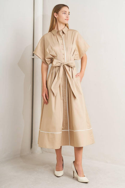 CATCH YOU LATER KHAKI WOVEN MIDI DRESS