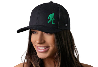 Green Bigfoot Trucker Hat  |  Black Sasquatch Snapback