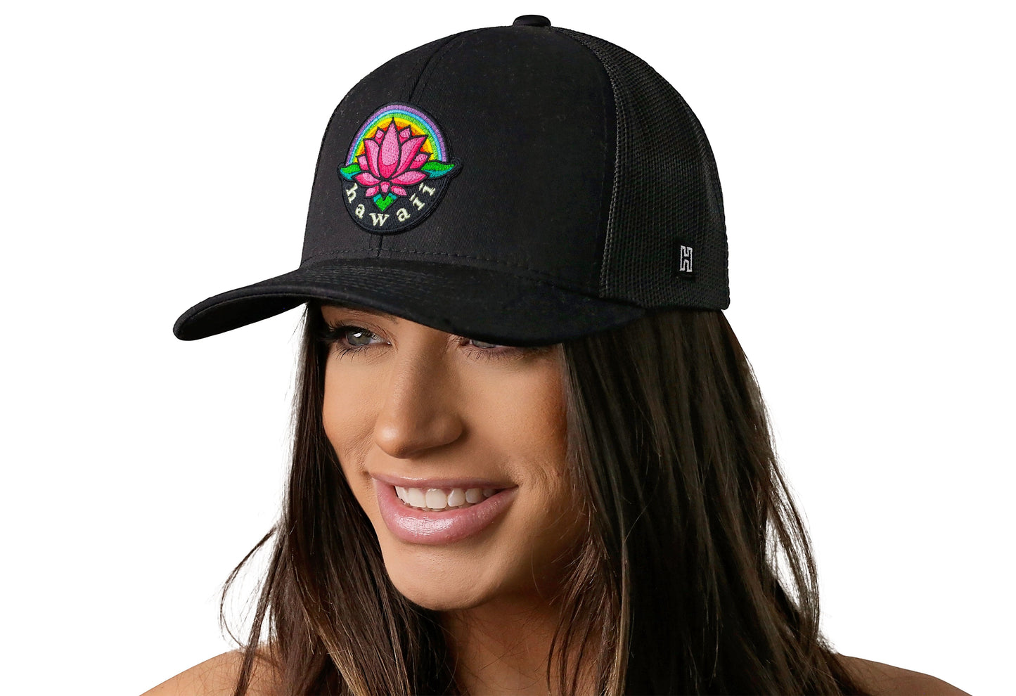 Hawaii Aloha Trucker Hat  |  Black HI Flower Snapback