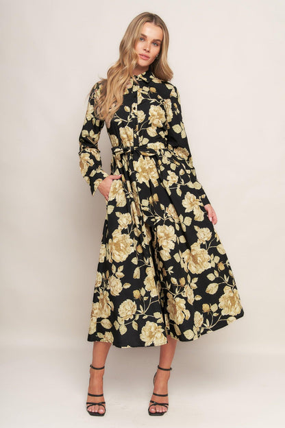 MIDNIGHT BLOOM BLACK WOVEN MIDI DRESS
