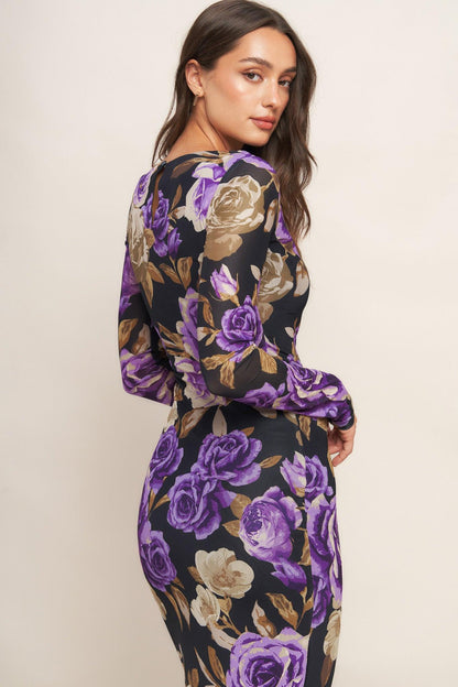 VIOLET EMBRACE POWER MESH MIDI DRESS