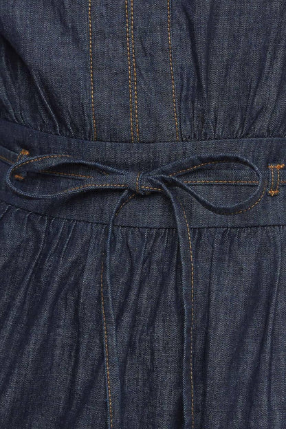 POWER DENIM GODDESS DARK INDIGO MIDI DRESS