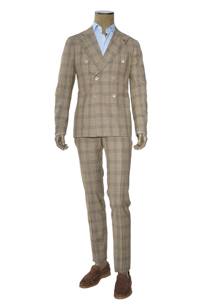 Isaia Double Breasted Double Windowpane Wool-Silk-Linen Suit