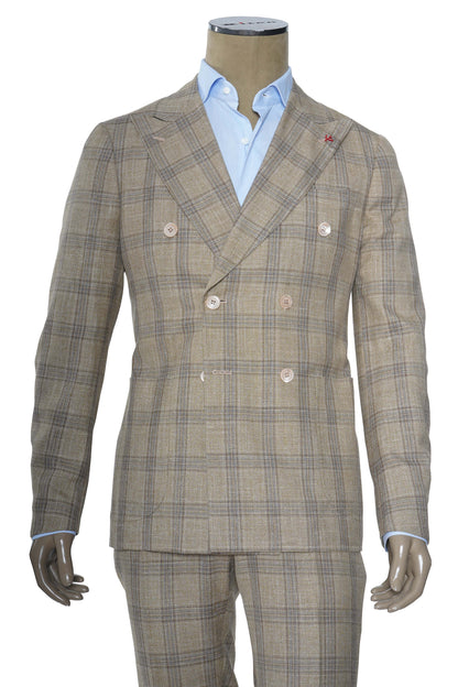 Isaia Double Breasted Double Windowpane Wool-Silk-Linen Suit