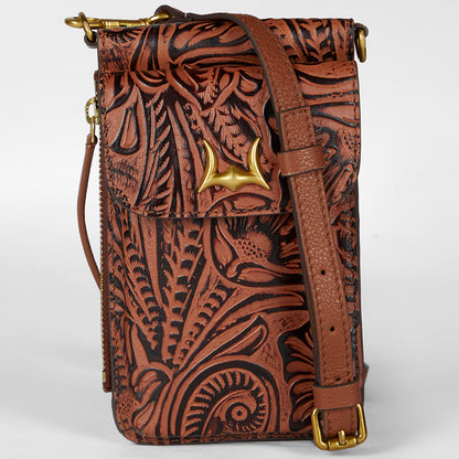 Loyal West SHELL PHONE BAG  IN HAND FINISHED EMBOSSED LEATHER - BROWN