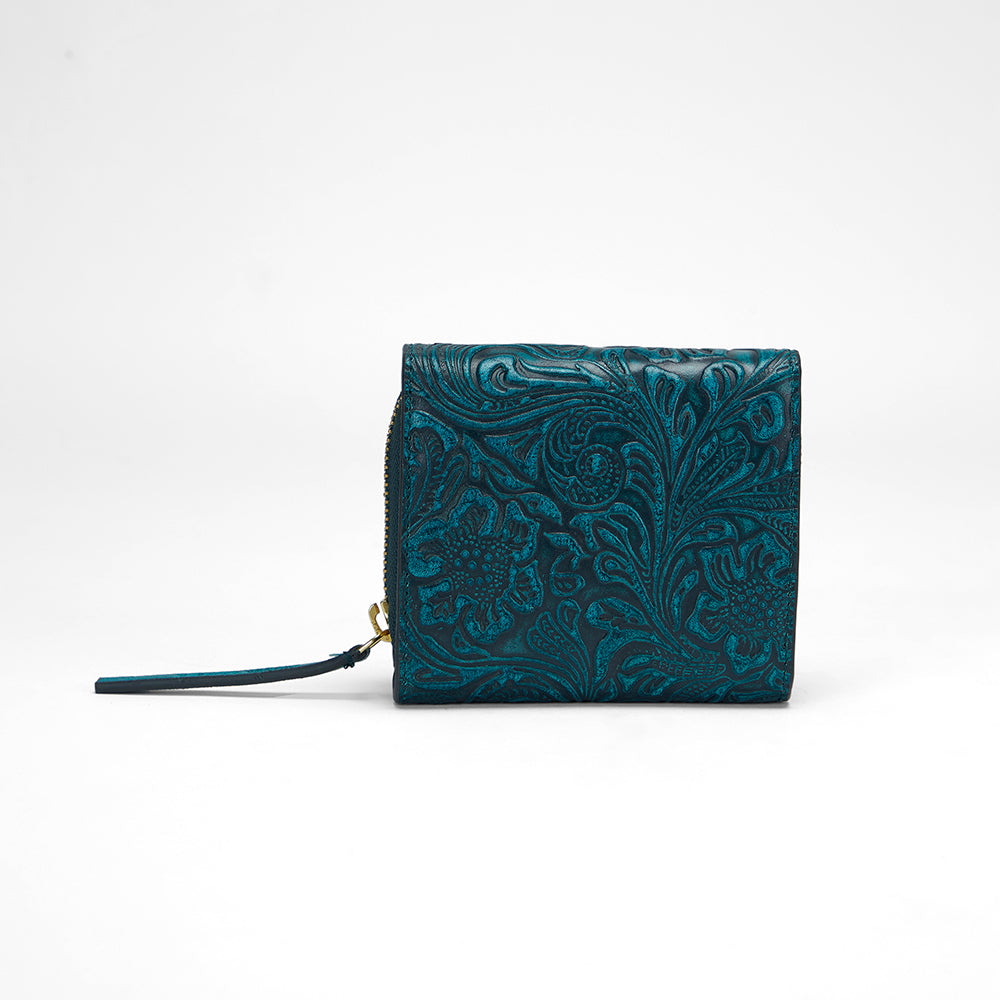 Loyal West SOPHIA CARD HOLDER IN HAND FINISHED EMBOSSED LEATHER -  TURQUOISE